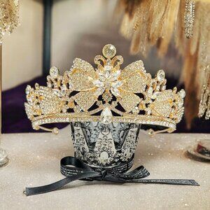 Crystal crown tiara, Bow tiara crown, Gold crystal crown, Birthday Party Crown